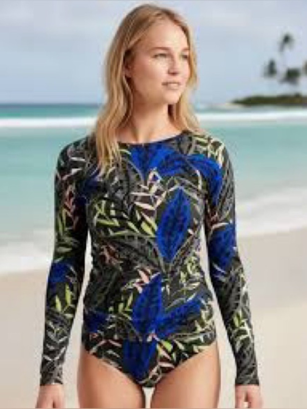 Athleta Long Sleeve Tropical Rash Guard Swim Top Blue/Green Medium
